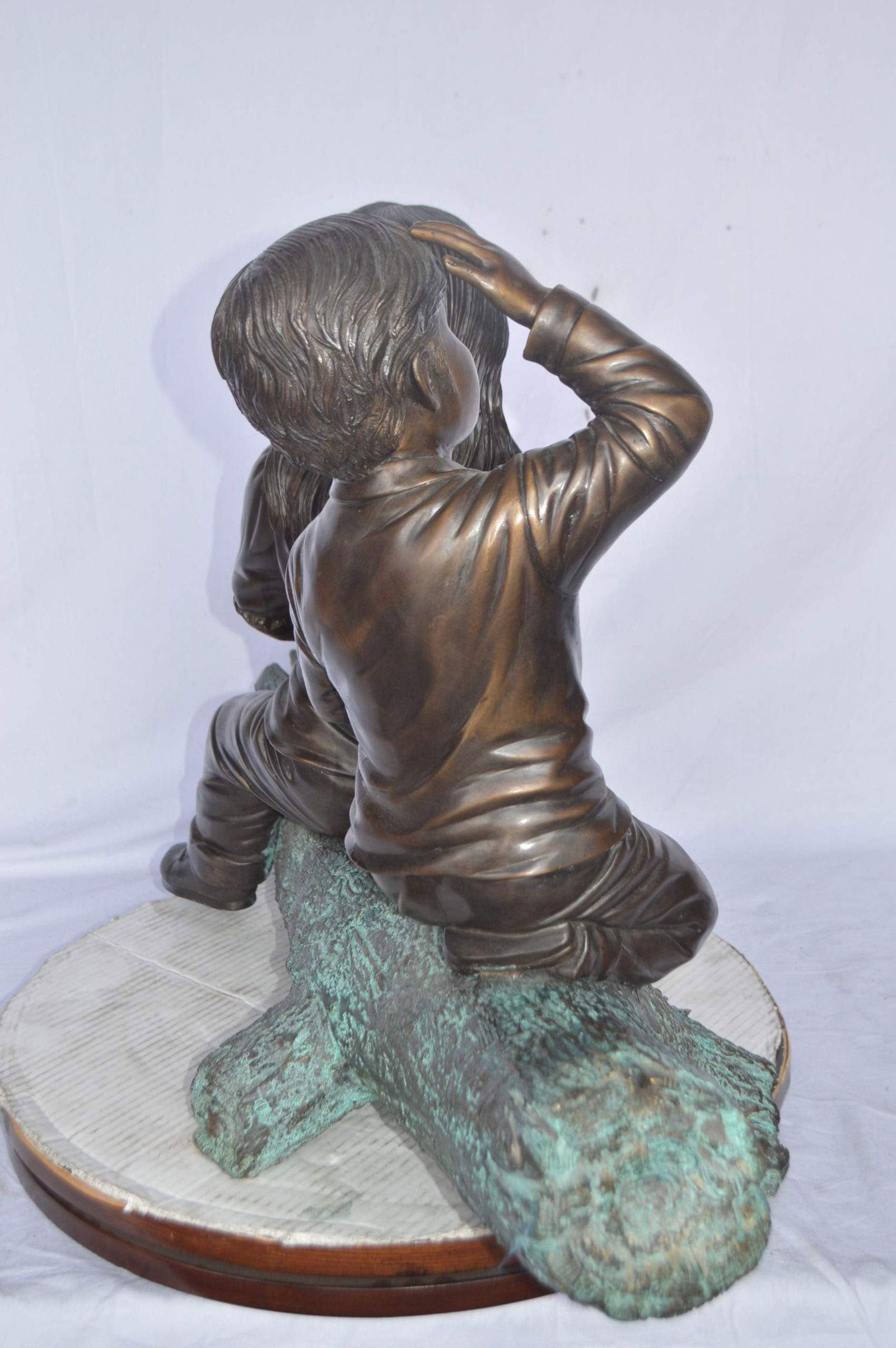 Young children and dog on a log bronze statue - Size: 40"L x 16"W x 24"H. - 9