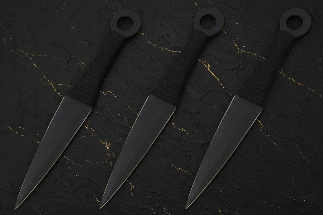 Set of 3 Black Tactical Kunai Throwing Knives 6 Inch 440 Steel Ninja Combat Blades - 2