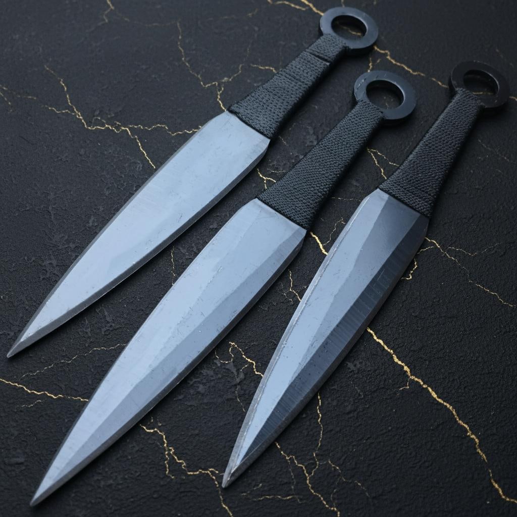 Set of 3 Black Tactical Kunai Throwing Knives 6 Inch 440 Steel Ninja Combat Blades - 4