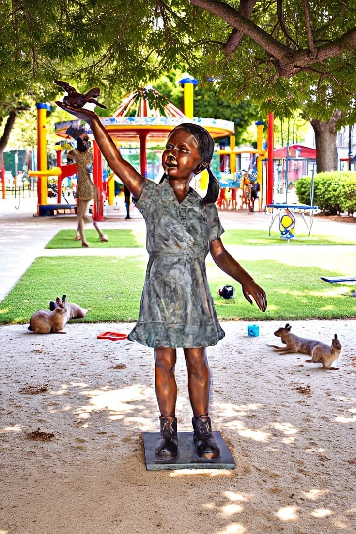 Young Girl Holding a Bird Outside at The Park - Size: 21"L x 11"W x 49"H. - 12
