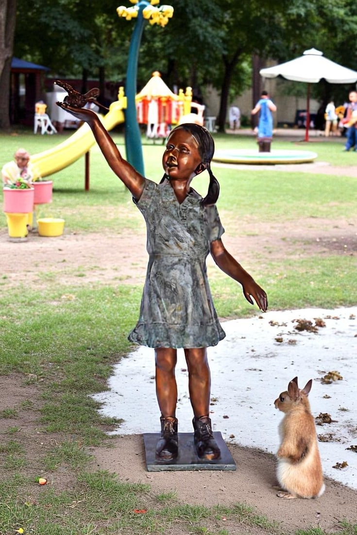 Young Girl Holding a Bird Outside at The Park - Size: 21"L x 11"W x 49"H. - 14