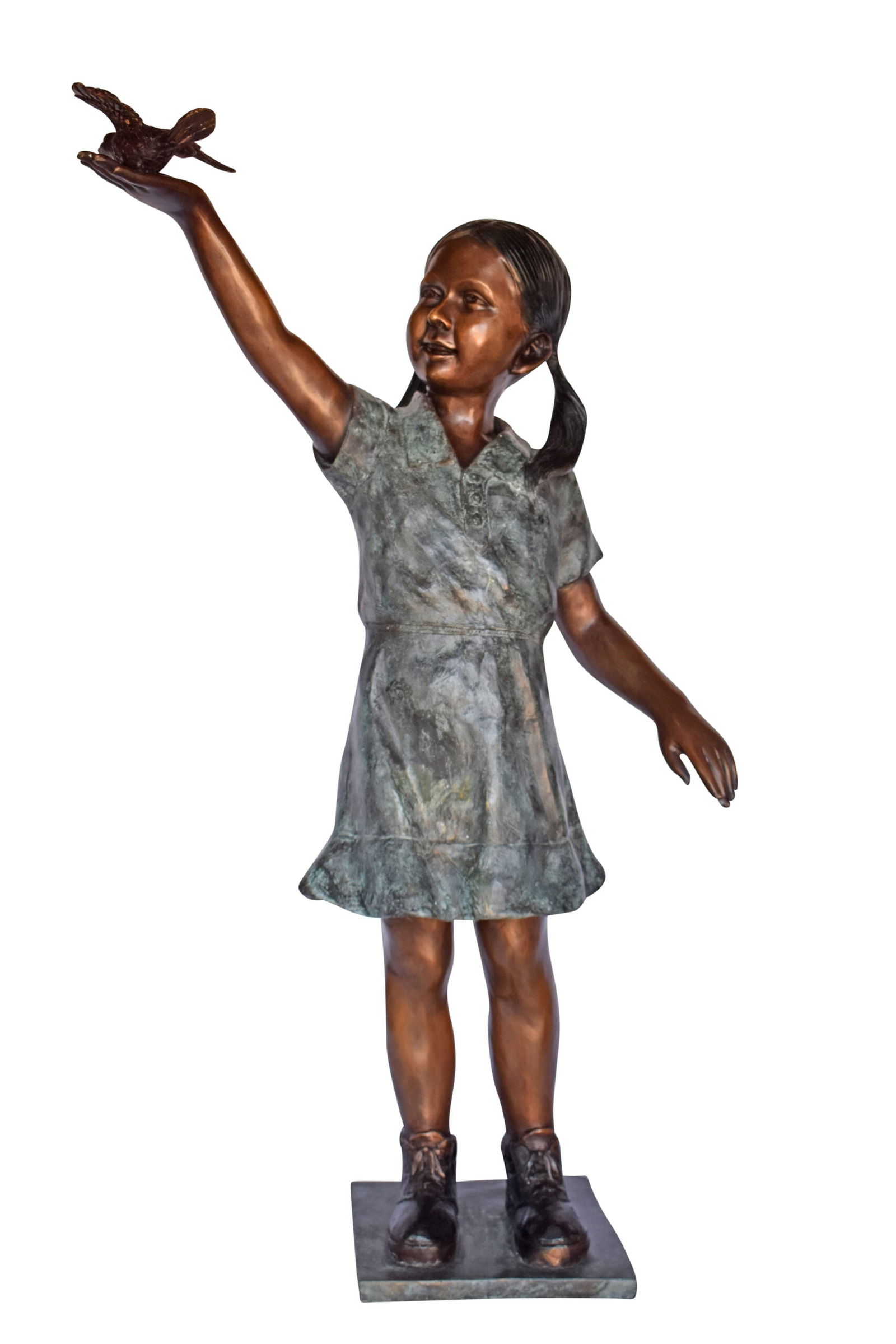 Young Girl Holding a Bird Outside at The Park - Size: 21"L x 11"W x 49"H.: Title:Young Girl Holding a Bird Outside at The Park - Size: 21"L x 11"W x 49"H. Description:This charming life size statue depicts a little girl holding a bird while setting it free. This fine and uni
