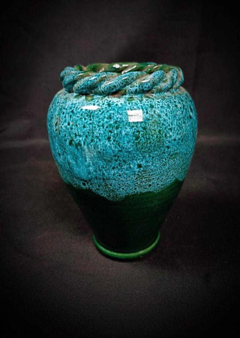 Charming Vintage Enameled Vase with Twisted Rim - Multicolored Ceramic - 2