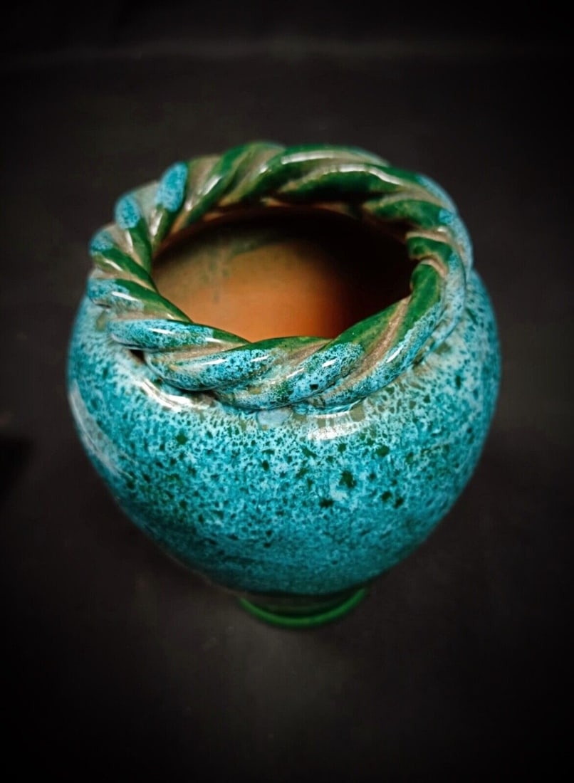 Charming Vintage Enameled Vase with Twisted Rim - Multicolored Ceramic - 3