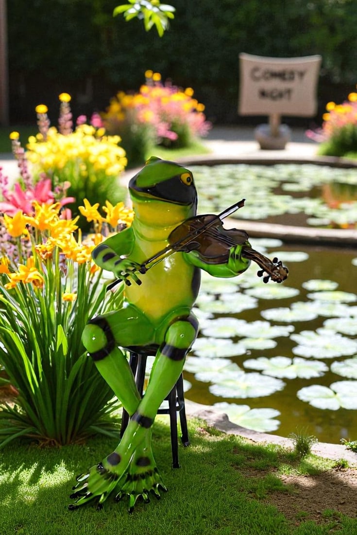 Comedic Green Frog bronze statue - Size: 25"L x 20"W x 30"H. - 4