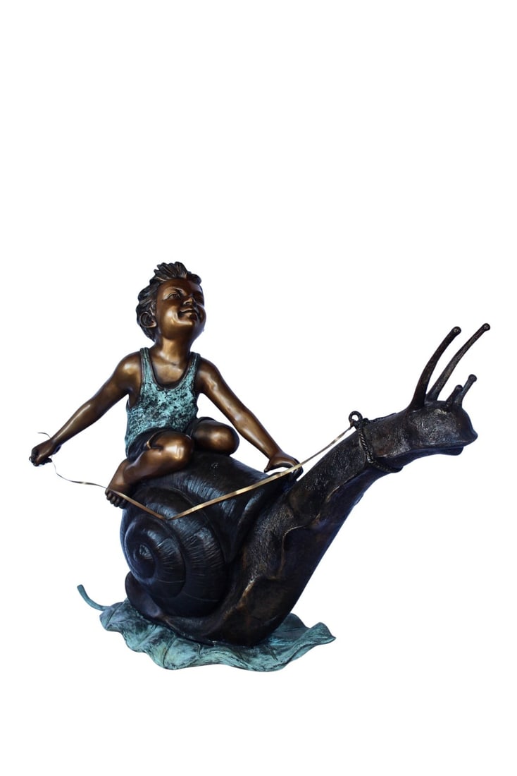 Happy boy riding a snail bronze statue fountain - Size: 42"L x 14"W x 34"H.: Title:Happy boy riding a snail bronze statue fountain - Size: 42"L x 14"W x 34"H. Description:This light-hearted and humorous piece depicts the scene of a boy enjoying his ride on a large snail. Altho