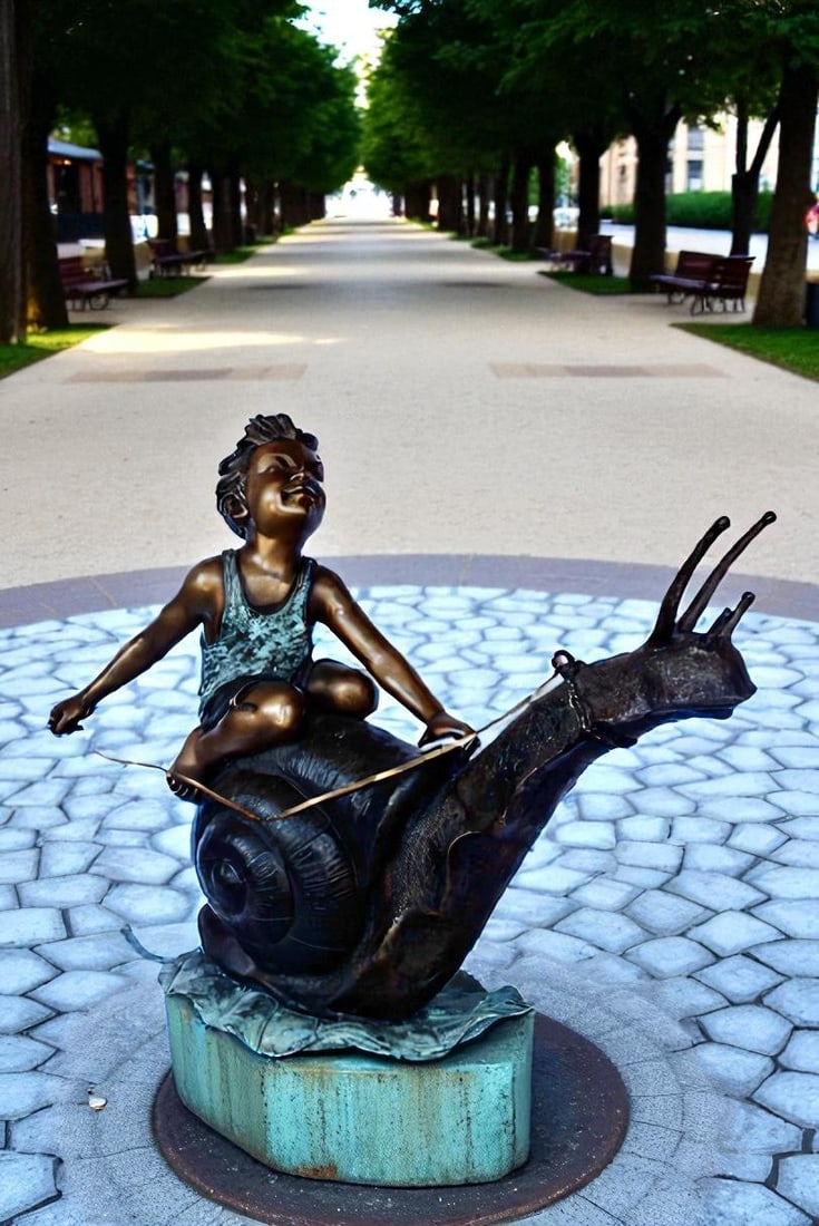 Happy boy riding a snail bronze statue fountain - Size: 42"L x 14"W x 34"H. - 2