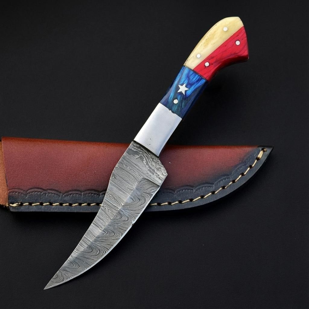 Hand Forged Damascus Steel Hunting Knife 8" with Texas Flag Handle & Leather Sheath - 2