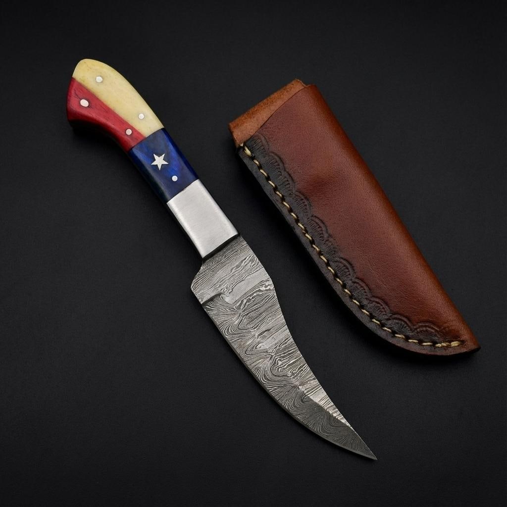 Hand Forged Damascus Steel Hunting Knife 8" with Texas Flag Handle & Leather Sheath - 3