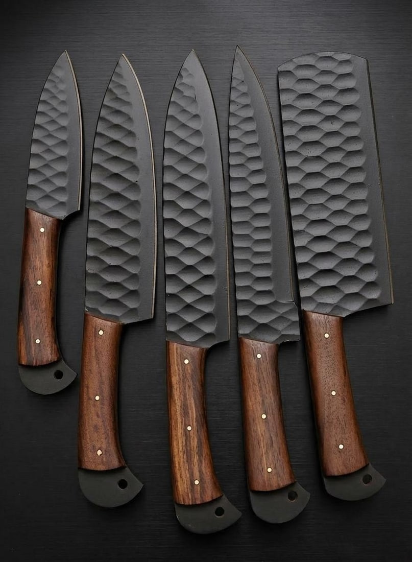 Handmade 5-Piece Chef Knife Set High Carbon Steel with Cocobolo Wood Handles: Title:Handmade 5-Piece Chef Knife Set High Carbon Steel with Cocobolo Wood HandlesDescription:This listing is for a custom handmade five-piece kitchen knife set. The full tang blades are crafted from