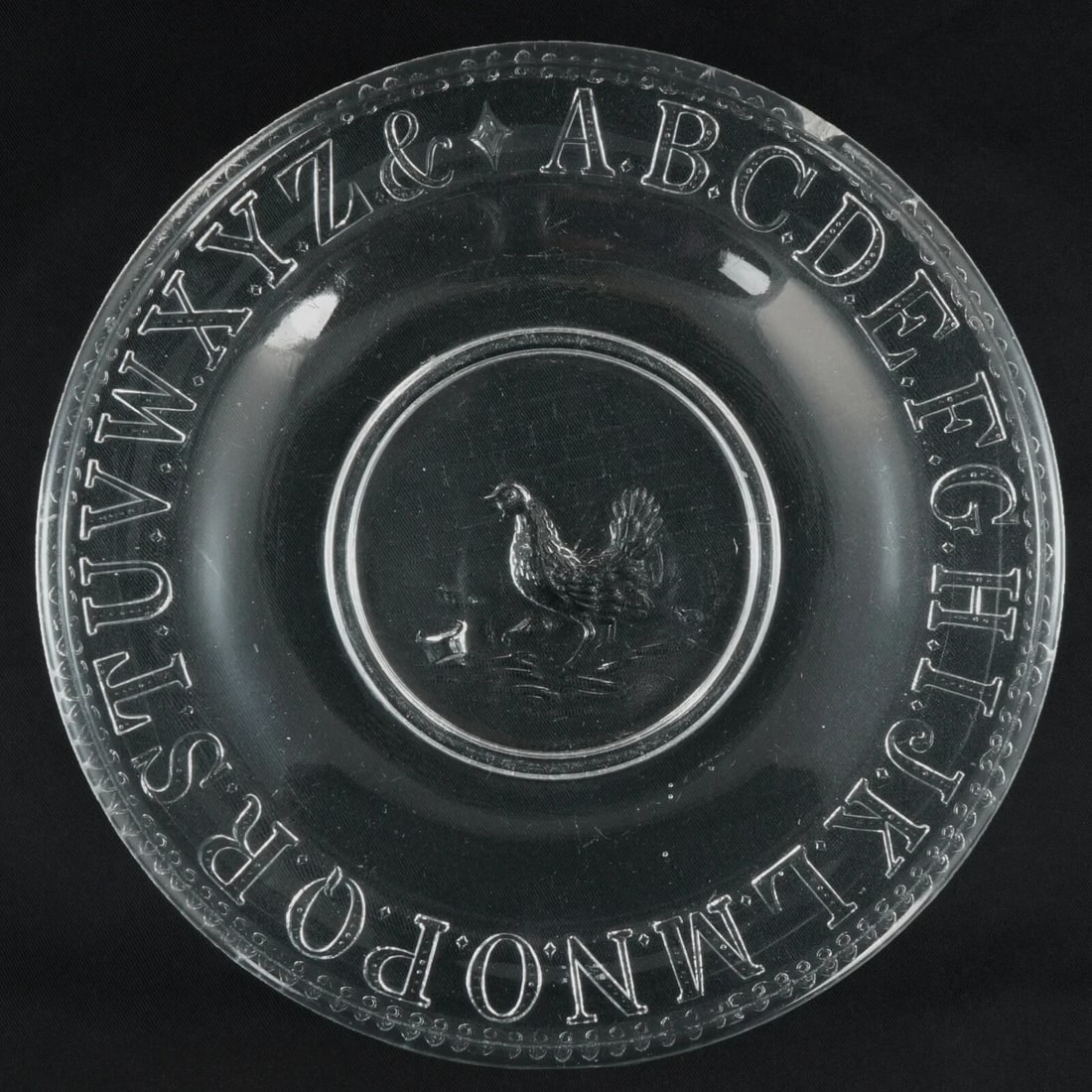 EAPG 19th C Child’s Alphabet Plate Hen/Chicks: Title:EAPG 19th C Child’s Alphabet Plate Hen/Chicks Size:5 7/8 in (14.9 cm) diameter x ¾ in (1.9 cm) tall. Reserve: $50.00 Shipping: Domestic: Flat-rate of $14.00 to anywhere within the conti