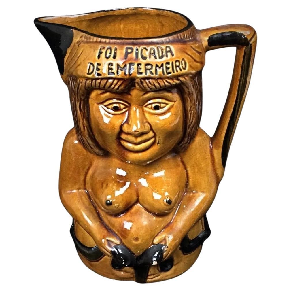 Charming Enameled and Crackled Terracotta Pitcher Depicting a Woman: Title:Charming Enameled and Crackled Terracotta Pitcher Depicting a WomanOrigin:FranceDimension:Height: 23 cm (9.06 inches)Length with Handle: 18 cm (7.09 inches)Diameter: 10 cm (3.94