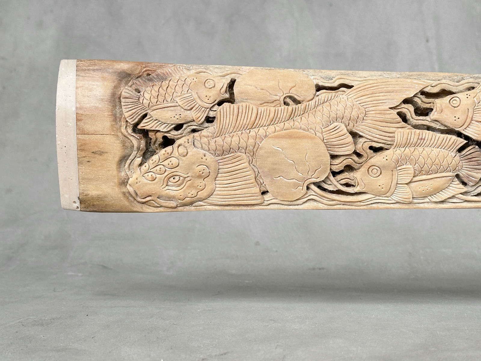 Wonderful large carved swordfish tusk - Japanese koi motif - 5