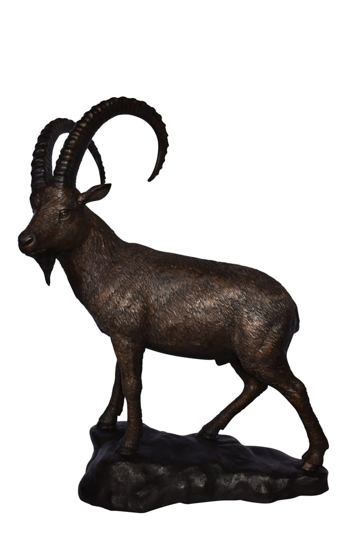 Standing Lifesize Mountain Goat Bronze Statue - Size: 22"L x 36"W x 48"H.: Title:Standing Lifesize Mountain Goat Bronze Statue - Size: 22"L x 36"W x 48"H. Description:This life-size bronze statue depicts an ibex, a species of mountain goat. Clearly on its four legs legs on a