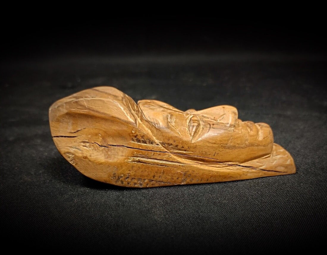 Antique Guatemalan Hand-Carved Wooden Mask Sculpture with Original Label - 4