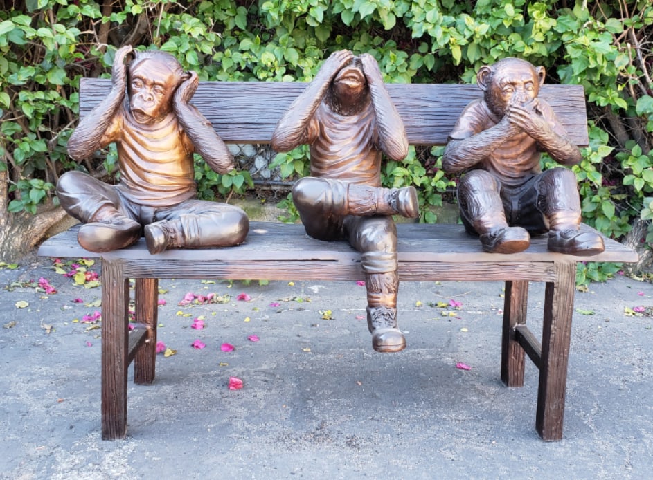 Three Wise Monkeys on a Bench two tones bronze - Size: 45"L x 19"W x 30"H - 2