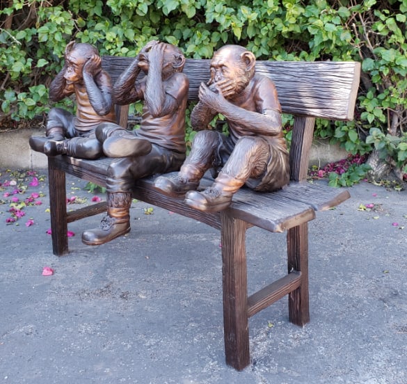 Three Wise Monkeys on a Bench two tones bronze - Size: 45"L x 19"W x 30"H - 3