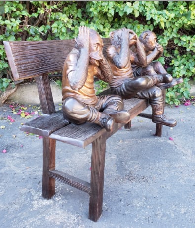 Three Wise Monkeys on a Bench two tones bronze - Size: 45"L x 19"W x 30"H - 5