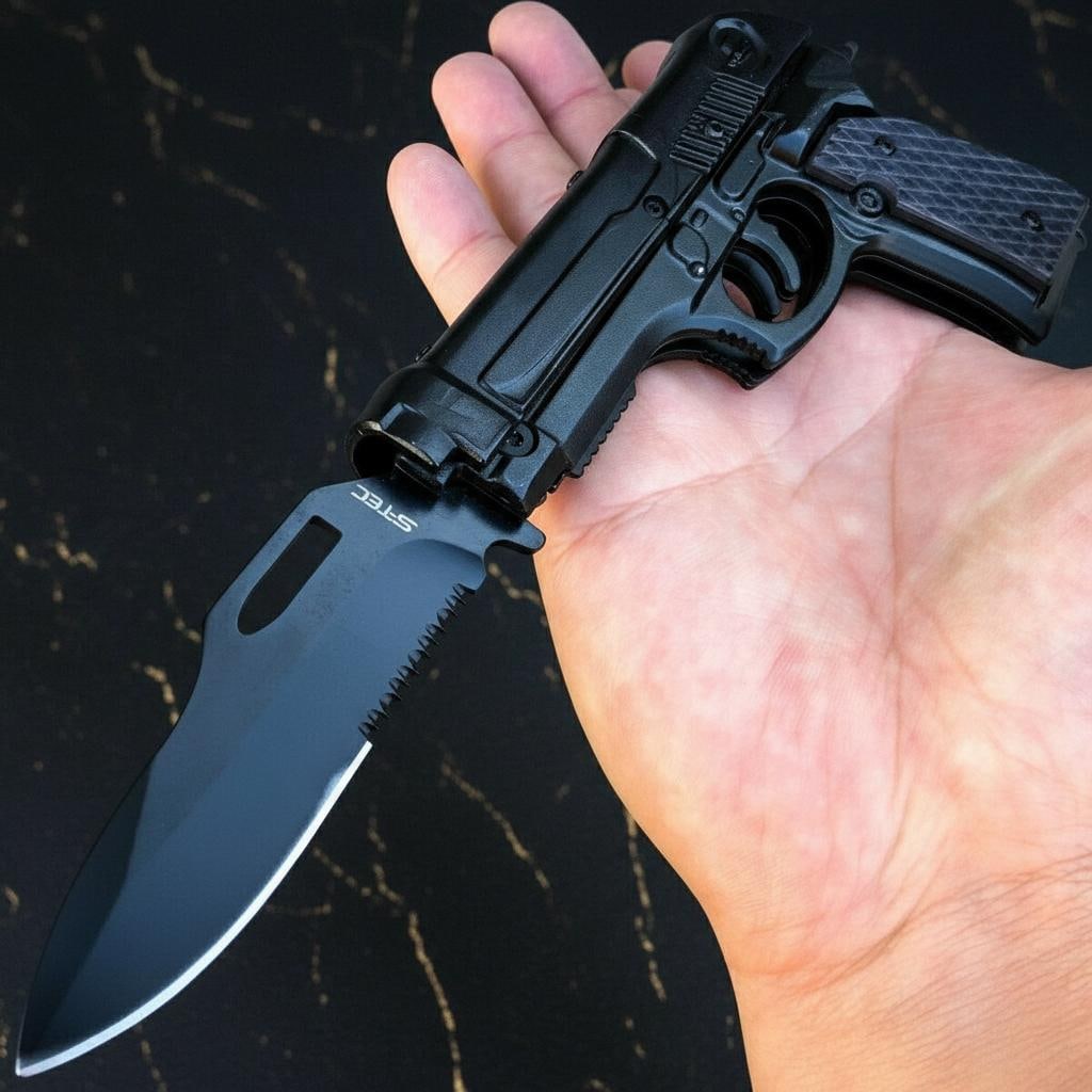 Black Pistol Style Folding Pocket Knife 8 Inch Spring Assisted Serrated Blade Holster - 2