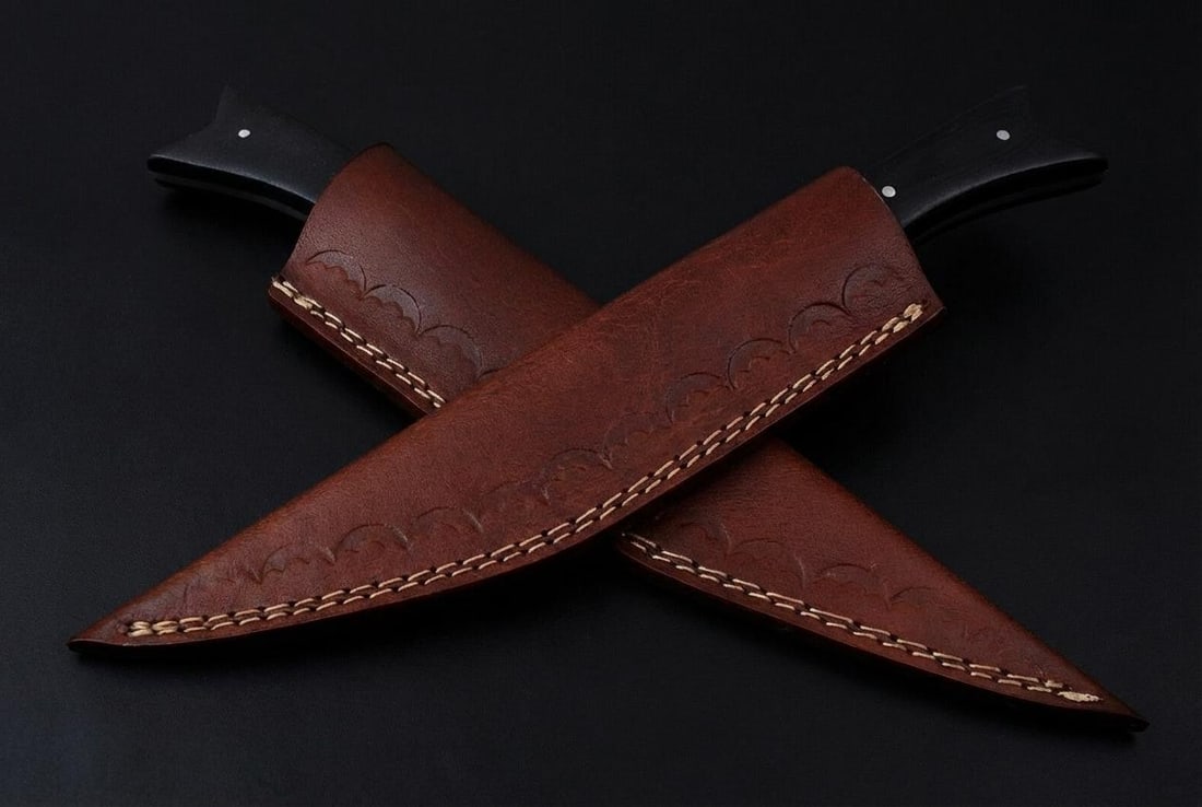 Hand Forged Damascus Steel Hunting Knife with Micarta Handle & Leather Sheath - 5