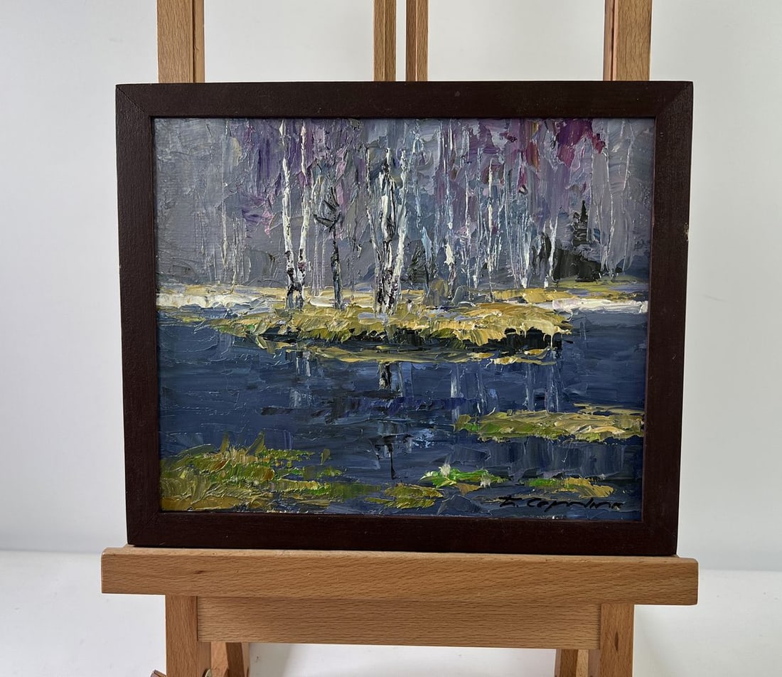 Oil painting Snow melts in March Boris Serdyuk: NoAAA5332 The Oil painting on Cardboard titled "Snow melts in March" vividly captures the transient beauty of nature as winter loosens its grip and the promise of spring begins to take hold. Executed