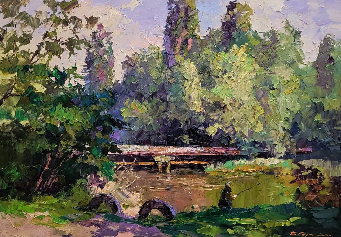 Oil painting Alone with the river Boris Serdyuk: NoSERB 1222 The Oil painting on Canvas titled "Alone with the River" evokes a serene and contemplative atmosphere, immersing the viewer in the tranquility of a riverside moment where human solitude fi