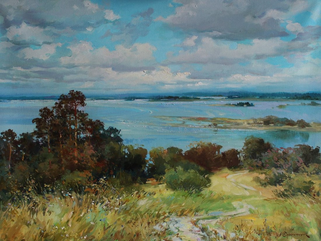 Oil painting June's quiet walls Yuriy Suprunchuk: NoSUPR1 The Oil painting on Canvas titled "June's Quiet Walls" captures the serene majesty of nature in its full summer bloom, offering a panoramic view of a tranquil waterscape framed by wild meadows