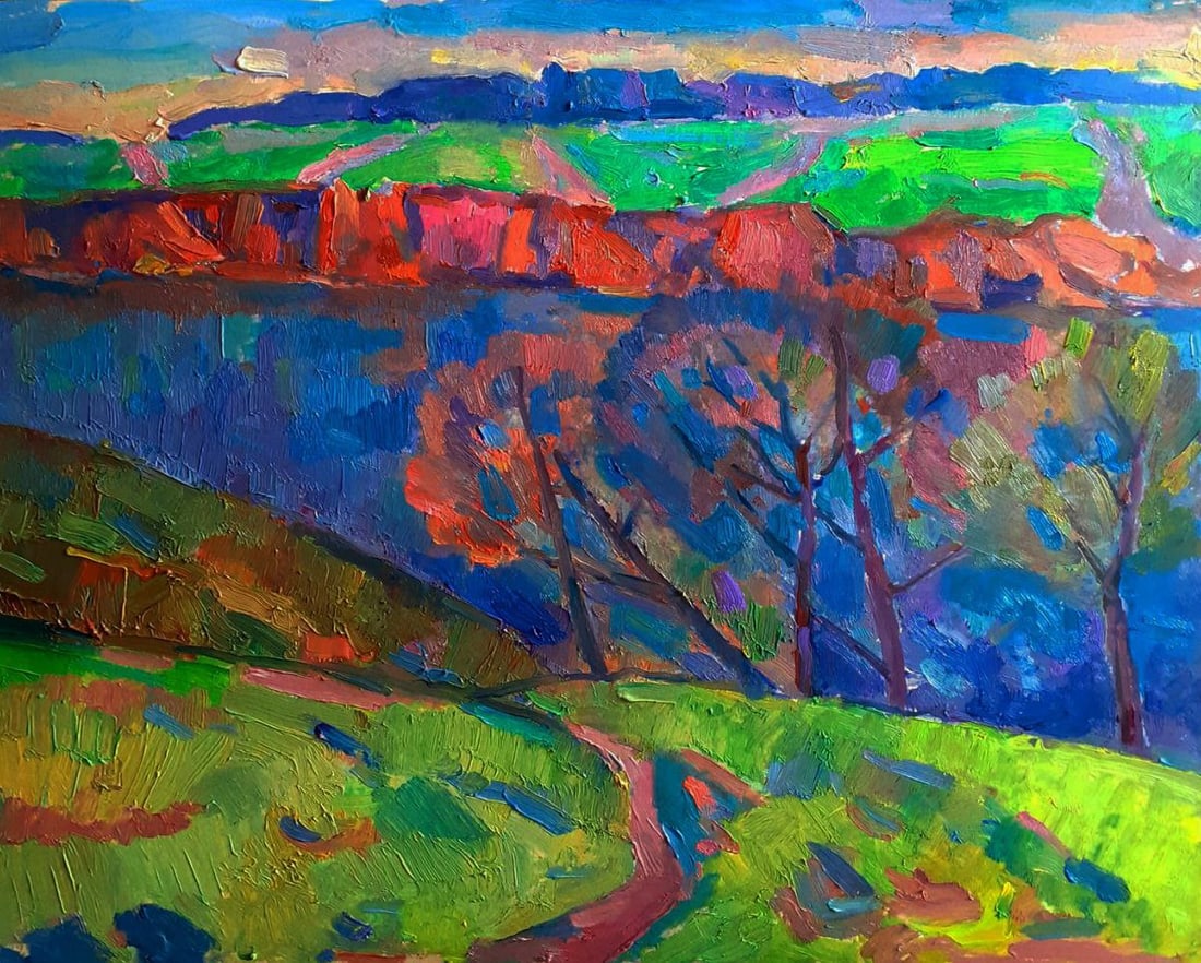 Oil painting Autumn silence on the shore Pavel Dobrev: NoDobr 880 The Oil painting on Cardboard titled "Autumn silence on the shore" conveys a vivid yet contemplative vision of the season, where nature shifts into its final burst of brilliance before surr