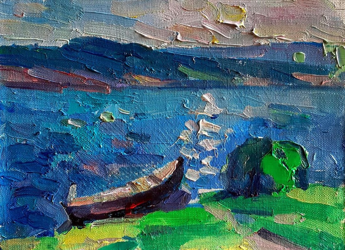 Oil painting A lonely boat on the river bank Pavel Dobrev: NoDobr 888 The Oil painting on Canvas titled "A lonely boat on the river bank" conveys a deeply contemplative and intimate atmosphere, where the simplicity of the subject matter becomes a profound