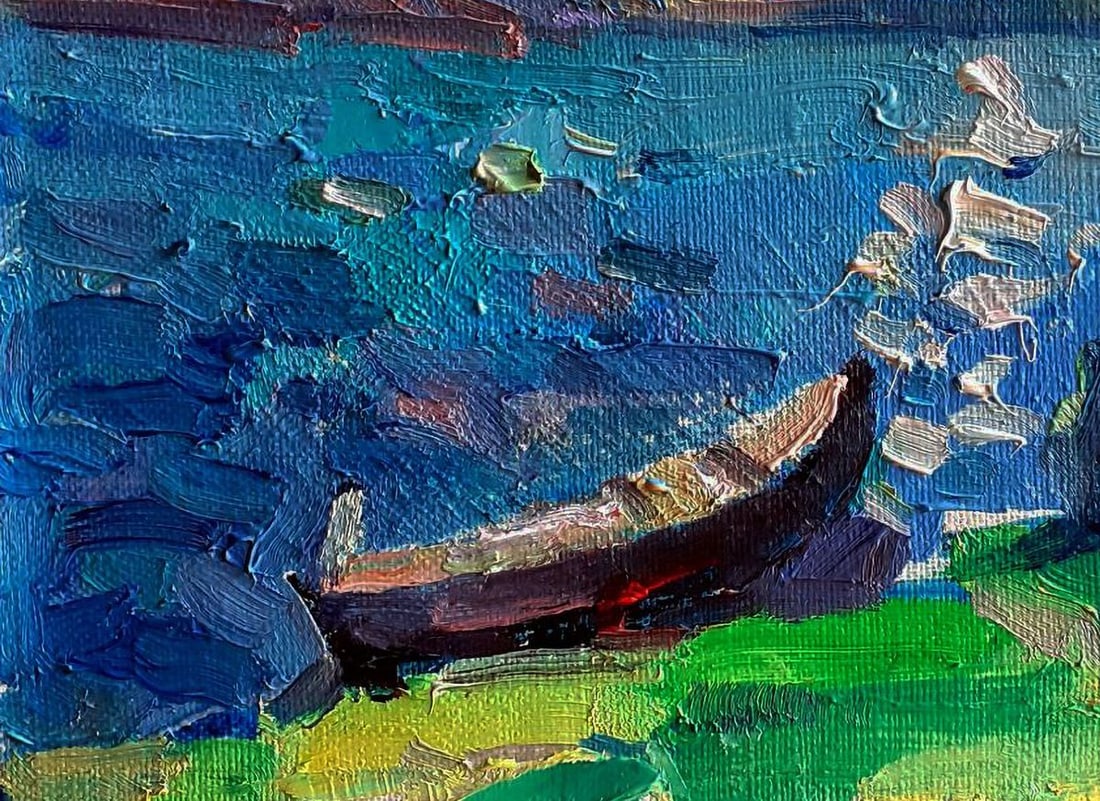 Oil painting A lonely boat on the river bank Pavel Dobrev - 6