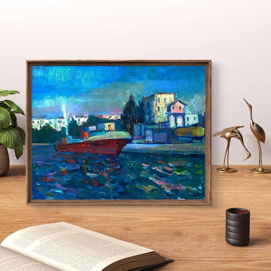 Oil painting Red barge on water Pavel Dobrev - 2