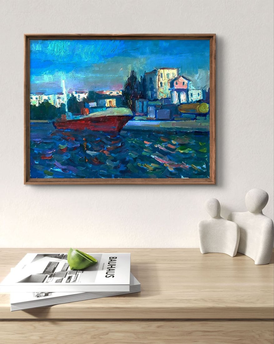 Oil painting Red barge on water Pavel Dobrev - 3