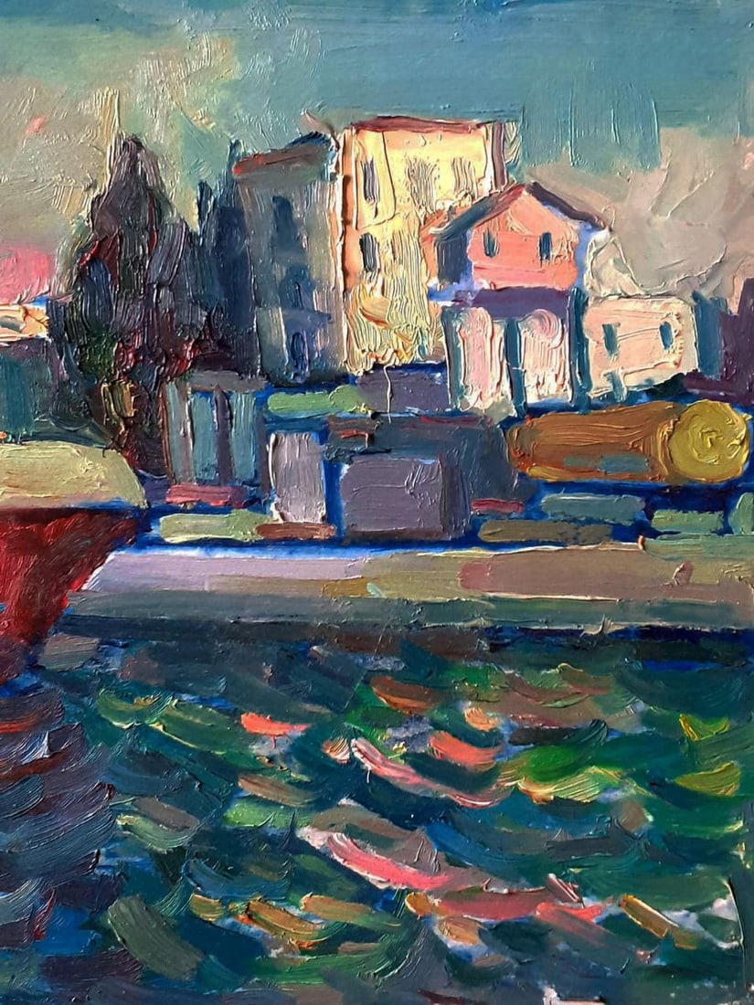 Oil painting Red barge on water Pavel Dobrev - 4