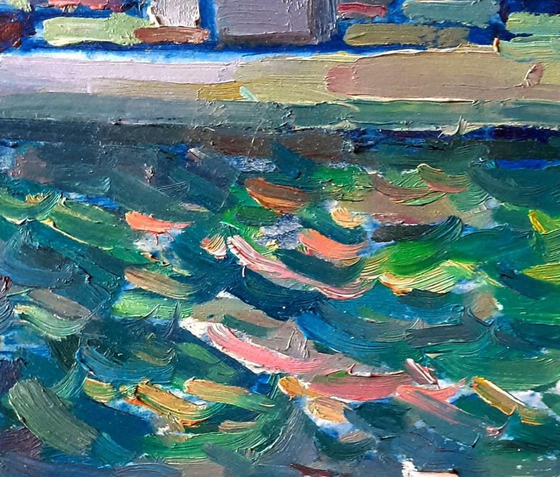 Oil painting Red barge on water Pavel Dobrev - 5