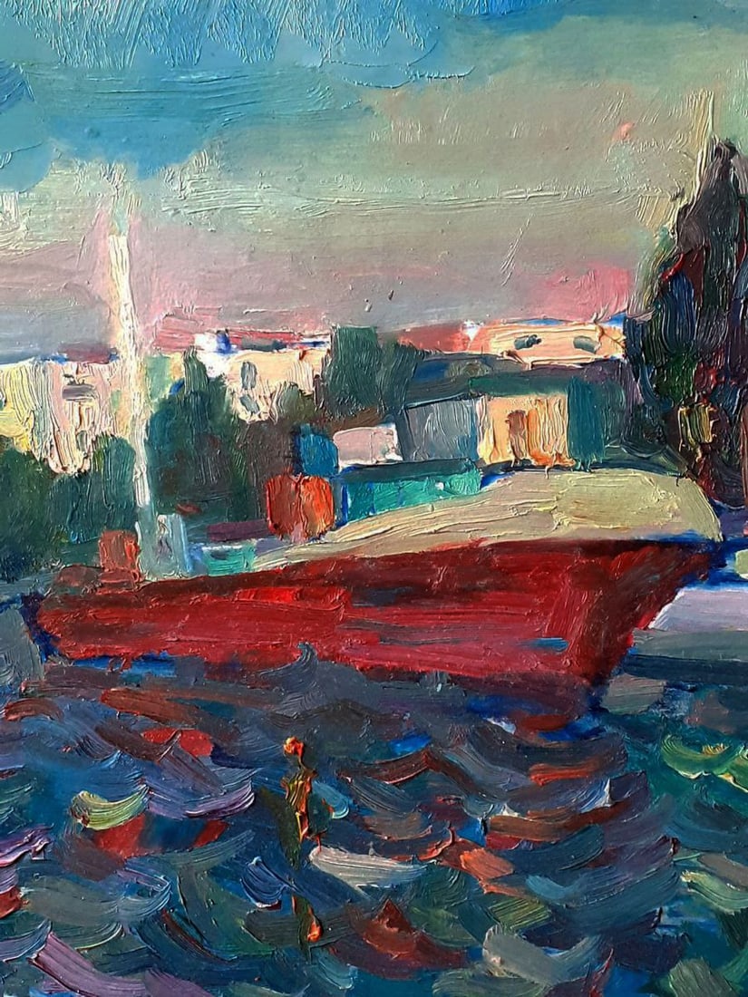 Oil painting Red barge on water Pavel Dobrev - 6