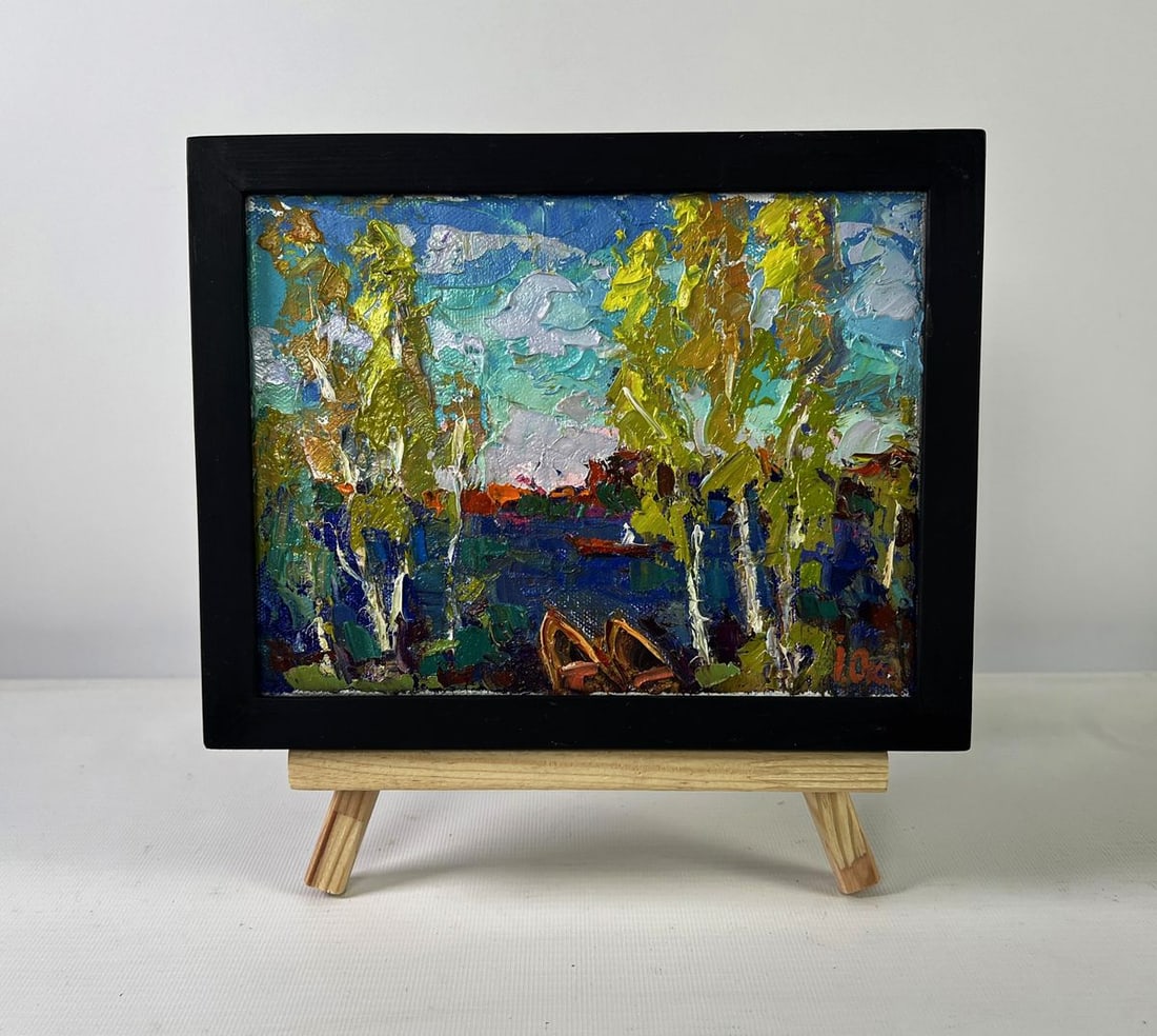 Oil painting The first leaves reflected in the water Oksana Ivanyuk: NoAAA5419 The Oil painting on canvas titled "The first leaves reflected in the water" is a luminous celebration of spring's awakening, when nature begins to whisper its renewal through tender