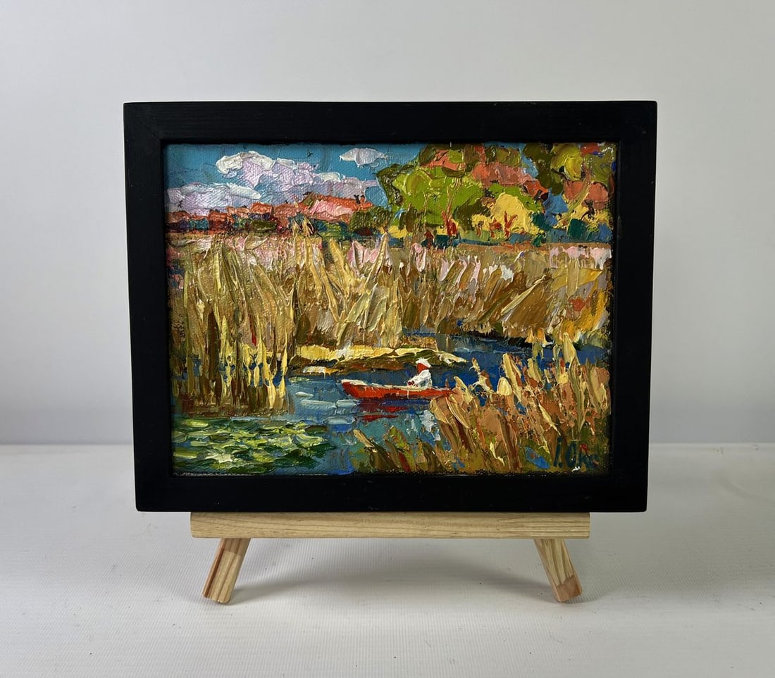 Oil painting Silence of the water Oksana Ivanyuk: NoAAA5430 The Oil painting on canvas titled "Silence of the water" is a striking portrayal of serenity and stillness, expressed through the timeless motif of a solitary figure drifting along a