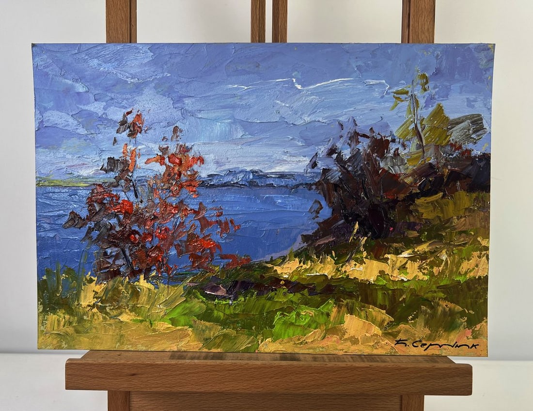 Oil painting Golden trees and the blue horizon Boris Serdyuk: NoAAA5436 The Oil painting on Cardboard titled "Golden trees and the blue horizon" presents a vivid and expressive landscape where the brilliance of autumn meets the boundless expanse of sky and