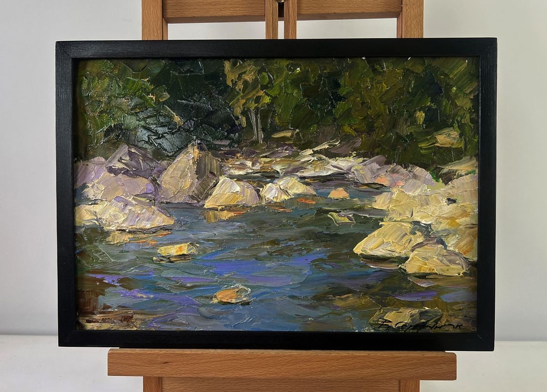 Oil painting Silent whispers between green shores Boris Serdyuk: NoAAA5441 The Oil painting on Cardboard titled "Silent whispers between green shores" captures a serene, meditative moment within a natural landscape where water, rock, and forest converge in quiet ha