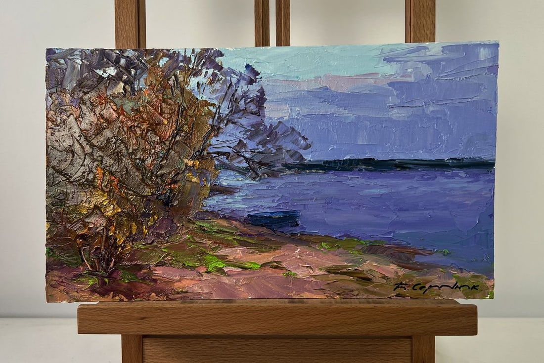 Oil painting Silent drift on the waves of a river Boris Serdyuk: NoAAA5450 The Oil painting on Cardboard titled "Silent drift on the waves of a river" captures a moment of stillness and intimacy between land, water, and sky, expressed with expressive brushstrokes