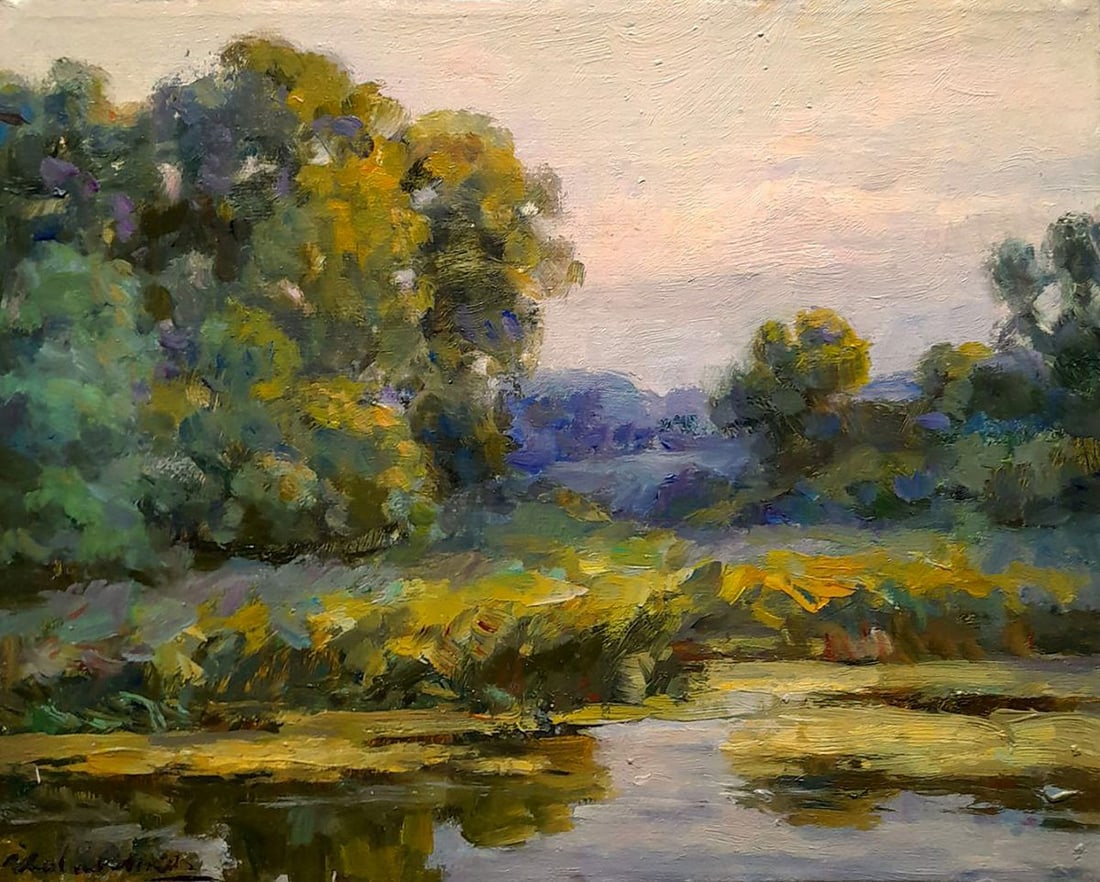 Oil painting Walking by the river Ivan Kovalenko: NoKoval 232 The oil painting on canvas titled "Walking by the River" evokes a tranquil and poetic atmosphere, immersing the viewer in the peaceful beauty of nature untouched by time. Through soft,
