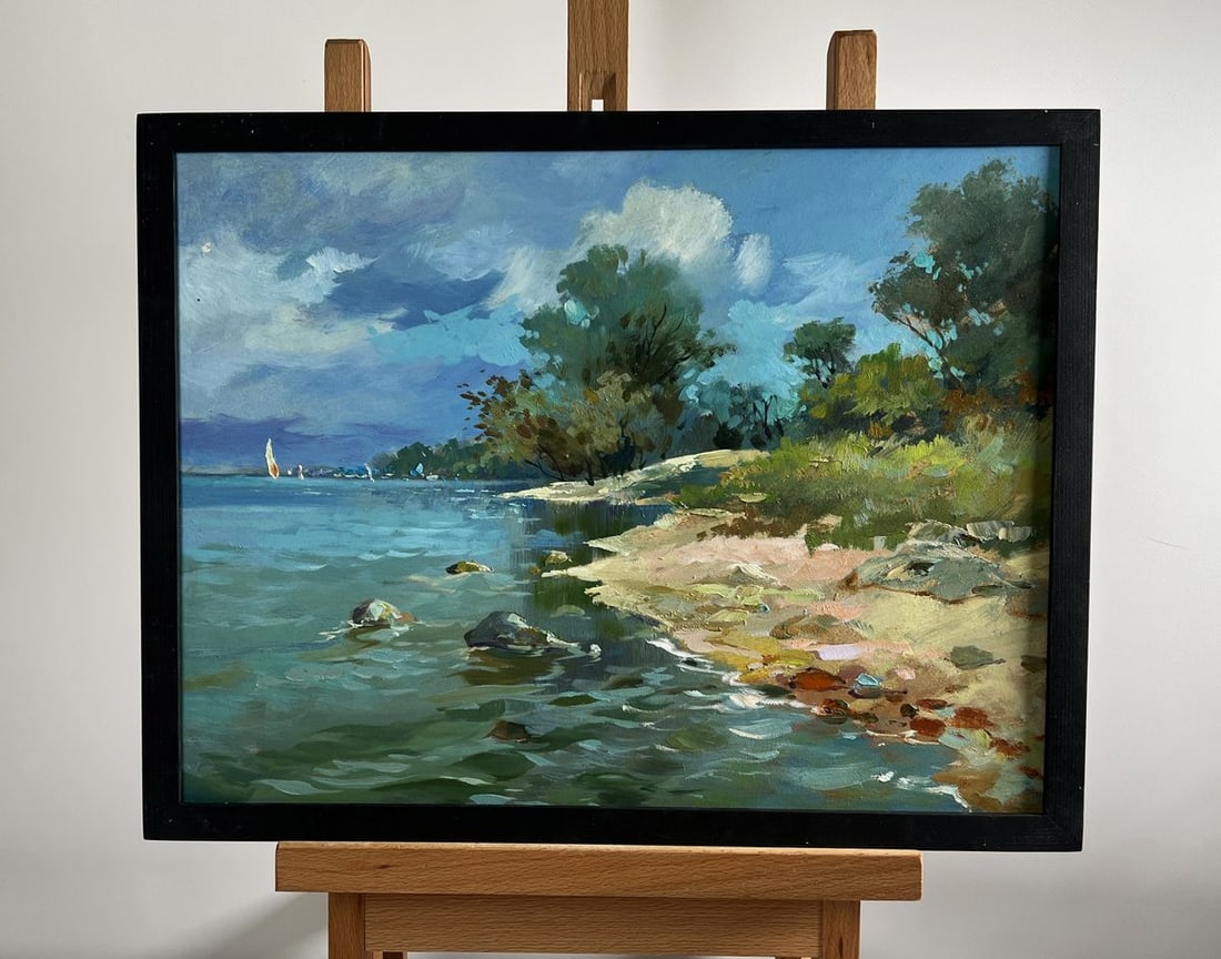 Oil painting Summer day by the shore Yuriy Suprunchuk: NoAAA4223 The oil painting "Summer Day by the Shore" beautifully captures the essence of a tranquil, sunlit lakeside scene. Through vibrant colors and expressive brushstrokes, the artist brings to