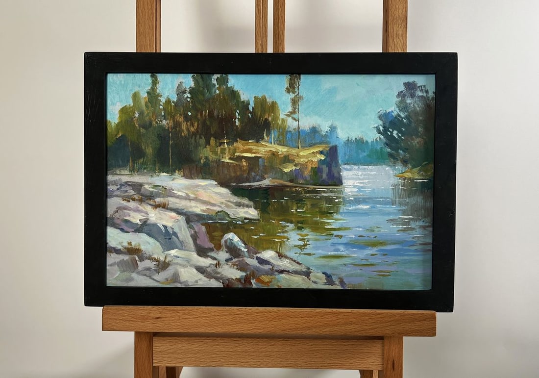 Oil painting Walk along the river Yuriy Suprunchuk: NoAAA4266 The painting "Walk Along the River" beautifully captures a serene riverside landscape, where nature thrives in untouched harmony. The scene is enveloped in soft, natural light,