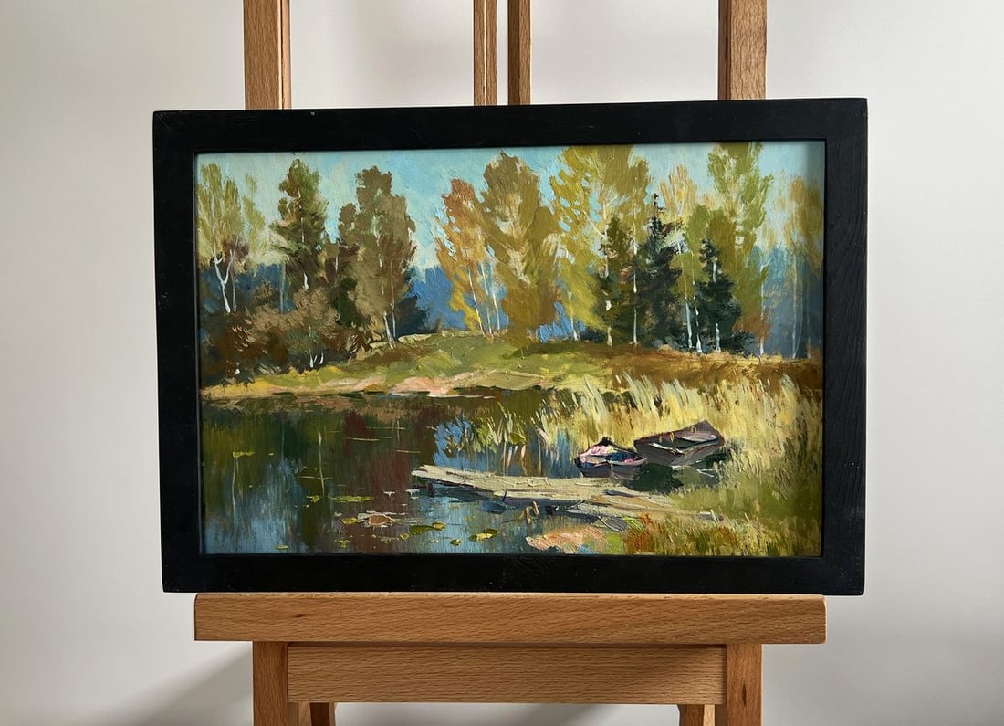Oil painting Forest reflection in a pond Yuriy Suprunchuk: NoAAA4270 The painting "Forest Reflection in a Pond" beautifully captures the serene harmony of nature, where the dense foliage of the forest meets the still waters of a secluded pond. Executed in