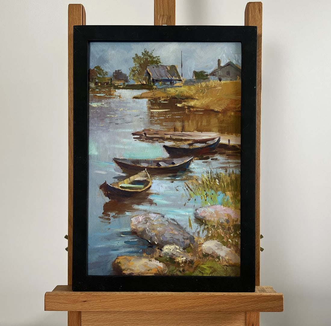 Oil painting There is a boat port in the village Yuriy Suprunchuk: NoAAA4276 The painting "There is a Boat Port in the Village" beautifully captures the essence of rural life along the riverbank, where nature and human activity coexist in perfect harmony. Executed
