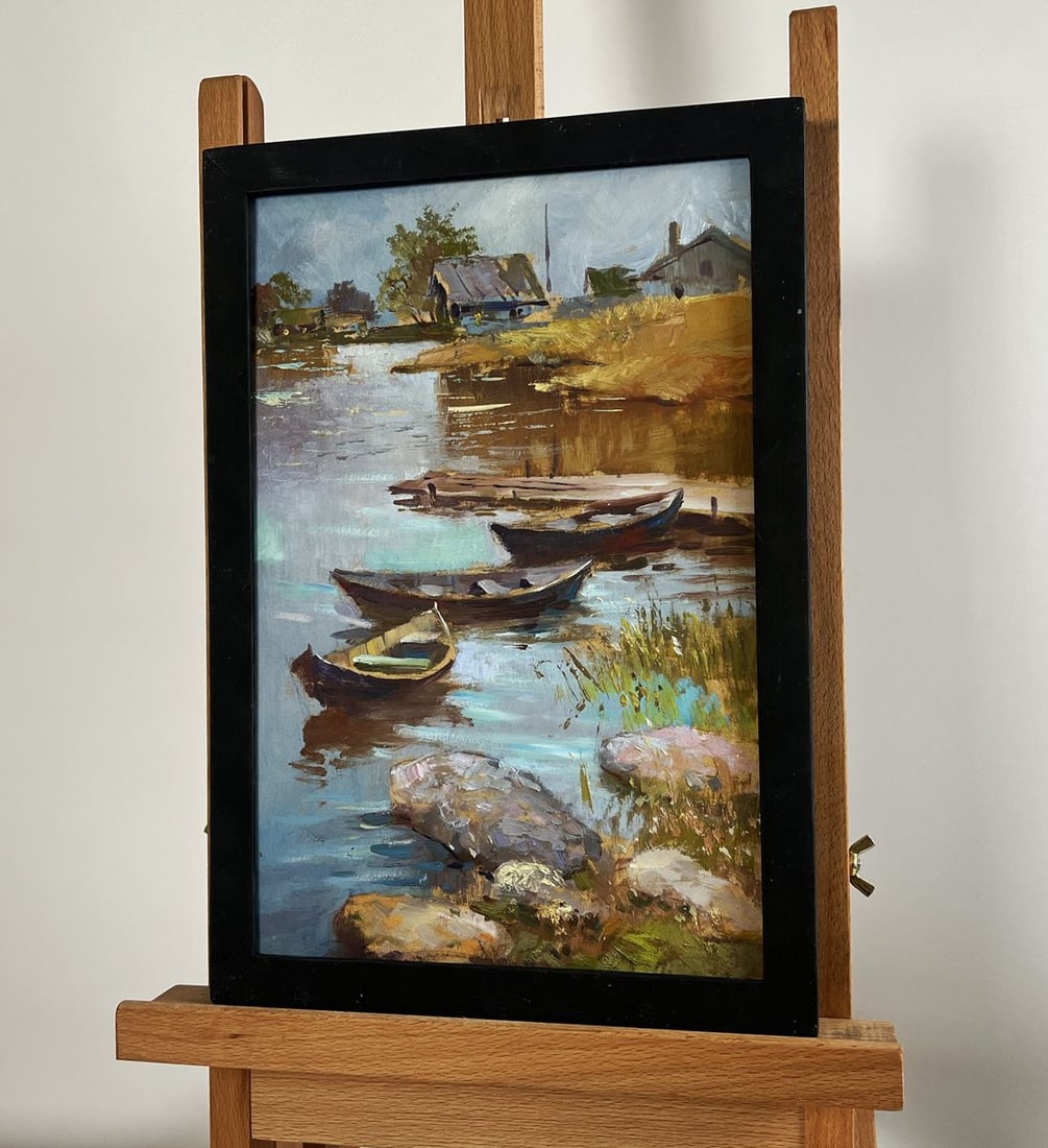 Oil painting There is a boat port in the village Yuriy Suprunchuk - 2