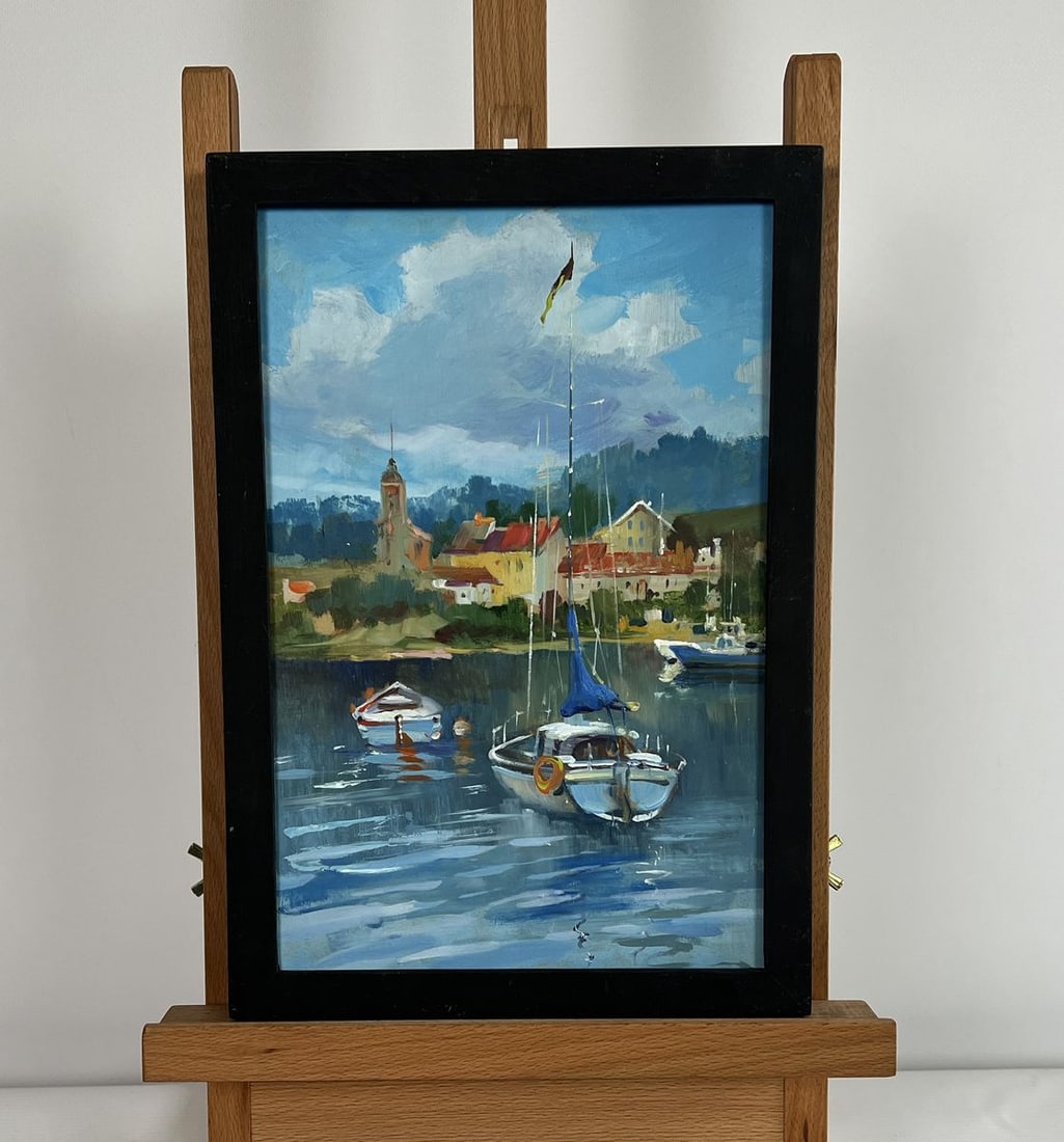 Oil painting Boats off the city coast Yuriy Suprunchuk: NoAAA4277 The painting "Boats off the City Coast" is a vibrant and dynamic representation of a picturesque harbor scene, where the serene water reflects the lively spirit of the coastal town.