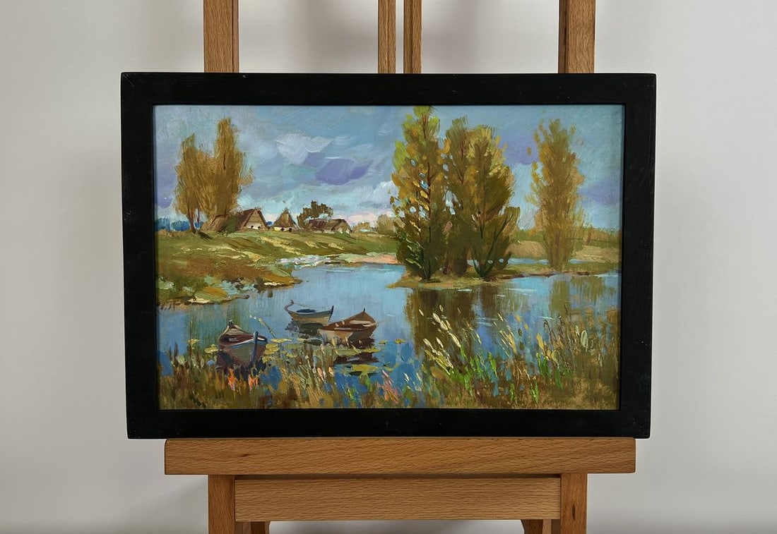 Oil painting There is a river near the village Yuriy Suprunchuk: NoAAA4278 The painting "There is a River Near the Village" masterfully captures the tranquility and charm of rural life, where nature and human settlement exist in perfect harmony. Created using oil