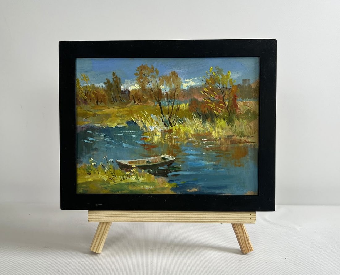 Oil painting River in golden foliage Yuriy Suprunchuk: NoAAA4284 The painting "River in Golden Foliage" captures a tranquil autumn landscape where nature is bathed in warm, golden hues. The soft interplay of light and shadow creates an atmosphere of seren