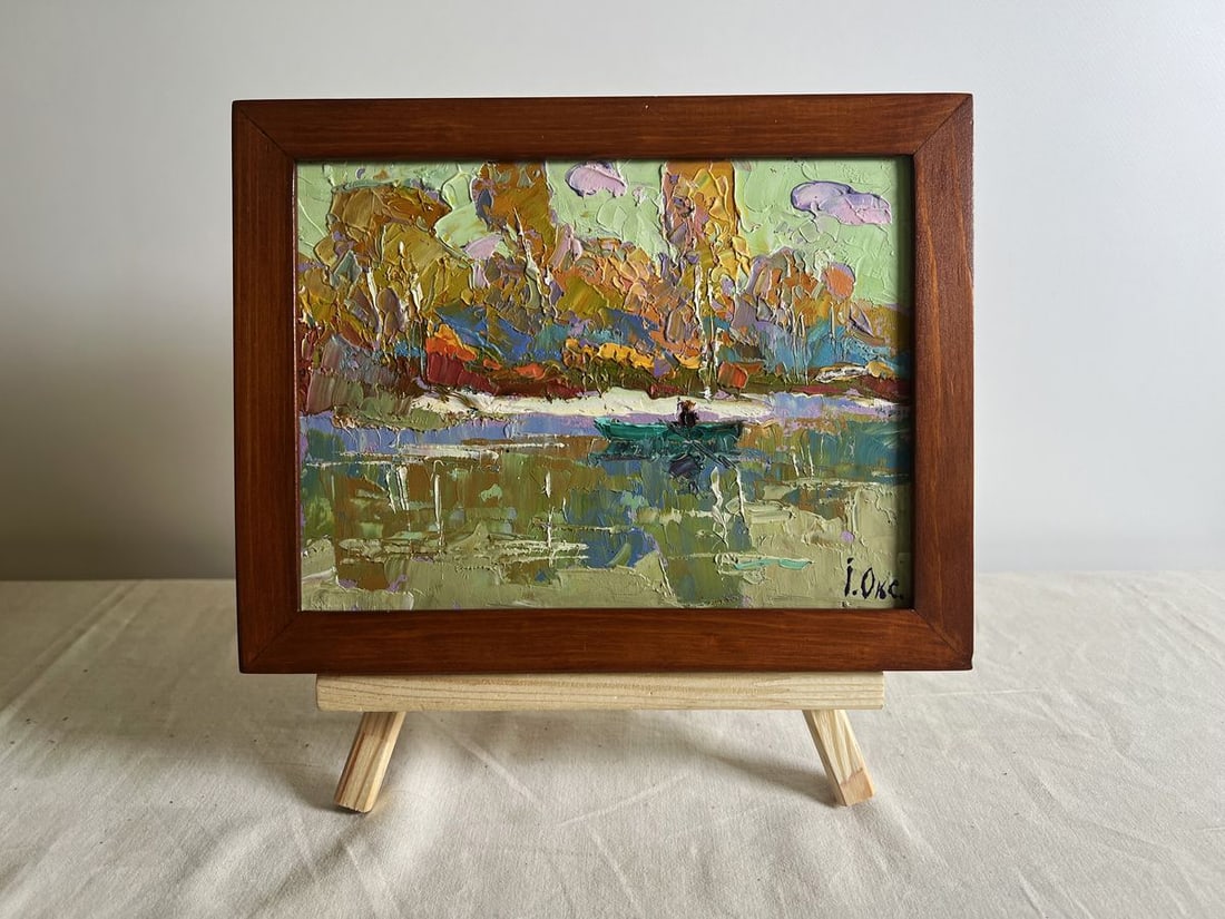 Oil painting Early autumn has arrived Oksana Kalenyuk: NoAAA3836 This oil painting cardboard, titled "Early autumn has arrived", the artist's choice of colors conveys the gentle shift from summer to autumn. The sky is a delicate pastel green, with